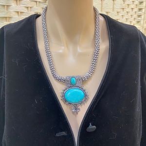 Silver Faux Turquoise Silver 20in  Tone Necklace